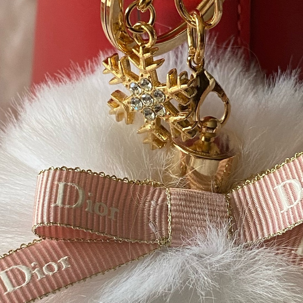 Pink and White Bow Fur Pom Pom Bag Charm - Picture 2 of 3